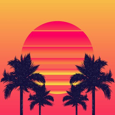 Retrowave güneş ve palmiye ağaçları
