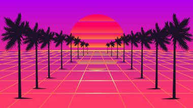 Retrowave güneş ve palmiye ağaçları 1980'lerin tarzı