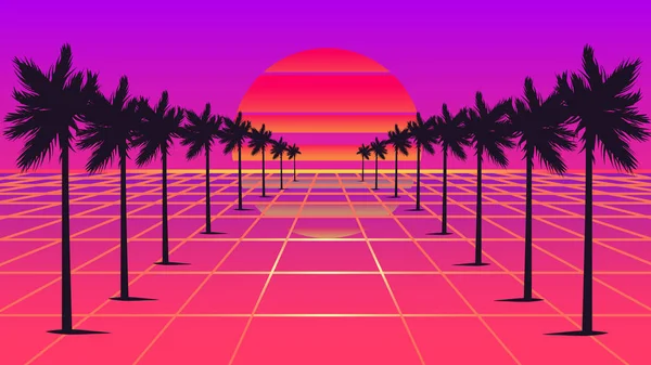 Retrowave słońce i palm stylu drzewa 1980 roku — Wektor stockowy