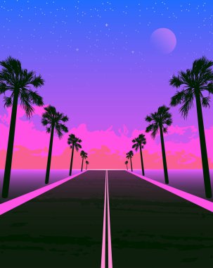 Rüya yol ve avuç içi ile Synthwave poster. Pembe gün batımı.