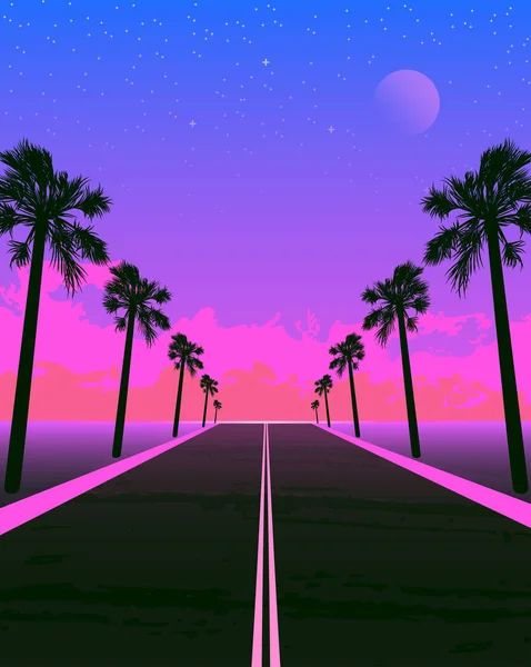 Synthwave-Poster mit Traumstraße und Palmen. rosa Sonnenuntergang. — Stockvektor