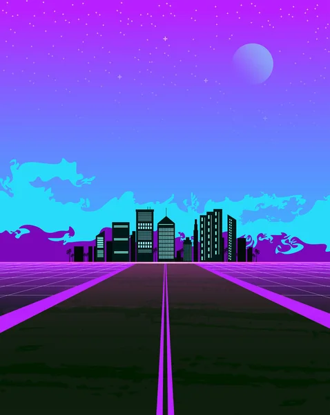 Ilustracja synthwave z drogi marzeń i miasta na horyzoncie. styl 1980 — Wektor stockowy