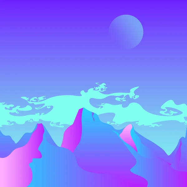 Synthwave Gradient Illustration mit Mond, Bergen und Wolken — Stockvektor