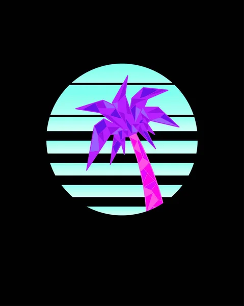 Geometric pink-purple palm tree in retrowave style on the blue sun. — Stock Vector