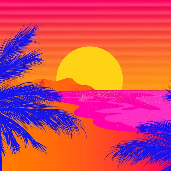 Palmensilhouetten am Strand mit Sonne und Bergen — Stockvektor