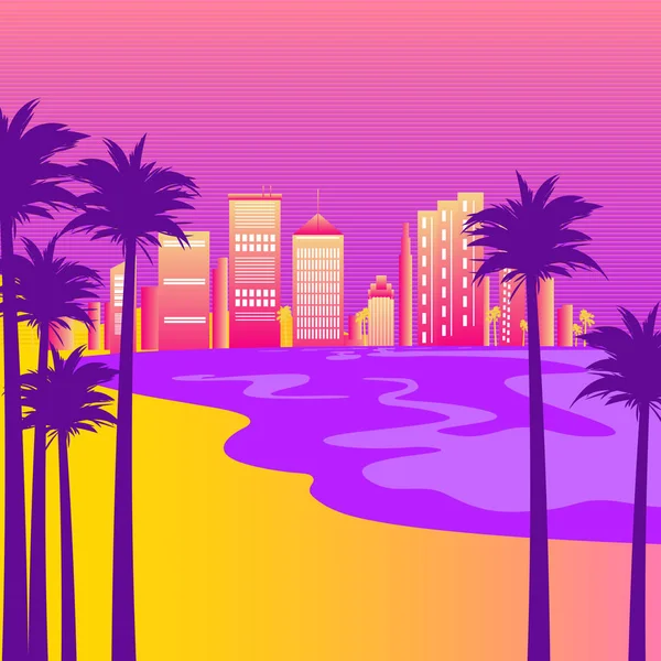 Syntwellen-Illustration mit Strand, Palmen und der Stadt am Horizont — Stockvektor