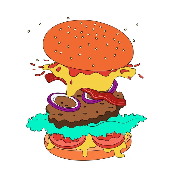 Vector burger with flying ingredients — Stock Vector