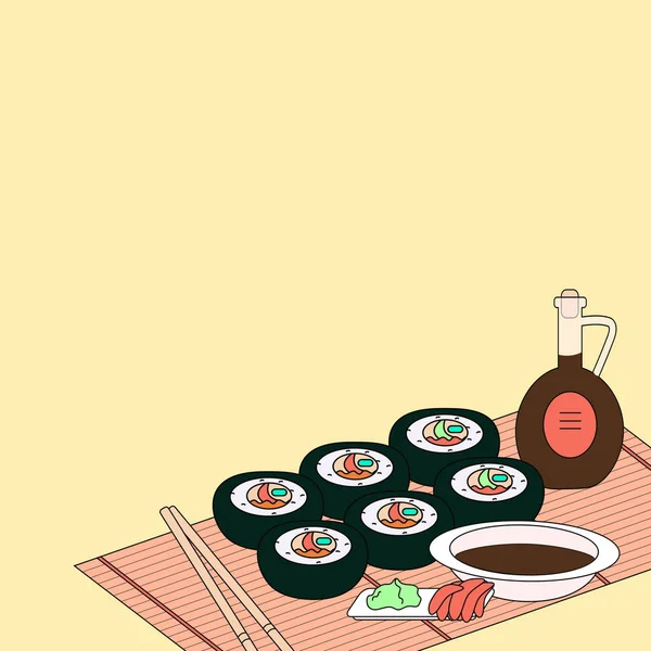 Ilustracja z Sushi, rolki, sos sojowy, imbir i Wasabi — Wektor stockowy