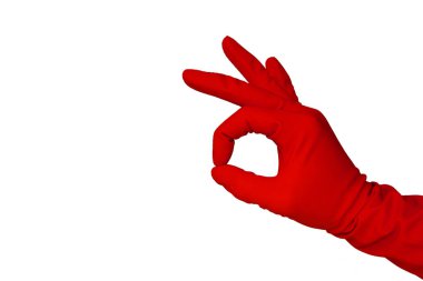 İnsan eli görünümünü kadar ok, gösterilen lastik eldiven ile beyaz izole kapatmak