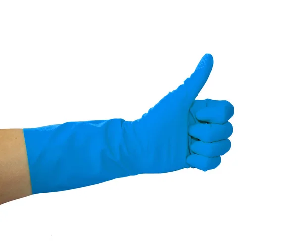 Close View Human Hand Rubber Glove Showing Approve Sign Thumb — Stock Photo, Image