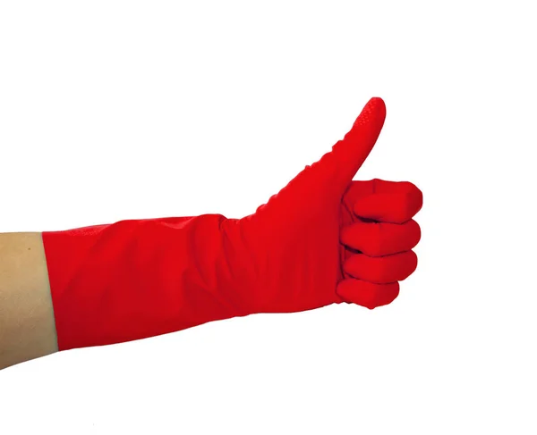 Close Van Menselijke Hand Met Rubberen Handschoen Met Goed Keuren — Stockfoto