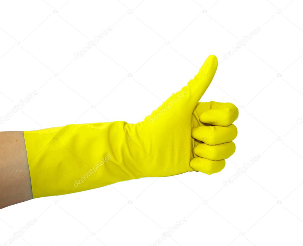 Close up view of human hand with rubber glove showing ok or approve sign with thumb up, isolated on white background.
