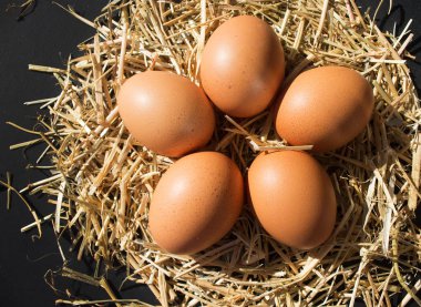 siyah arka plan üzerine saman üzerinde çilli beş taze çiğ yumurta