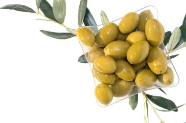 Grup Kare Plastik tabak ve zeytin ağacının üç brançlardan parlak yeşil zeytin