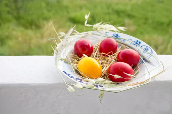 Easter red and yellow eggs with hay in plate outside