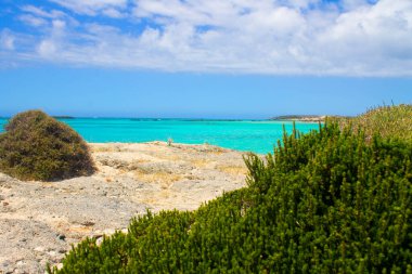 Dalgalı kayalık kıyılar, turkuaz deniz ve mavi gökyüzünde bulutlar.