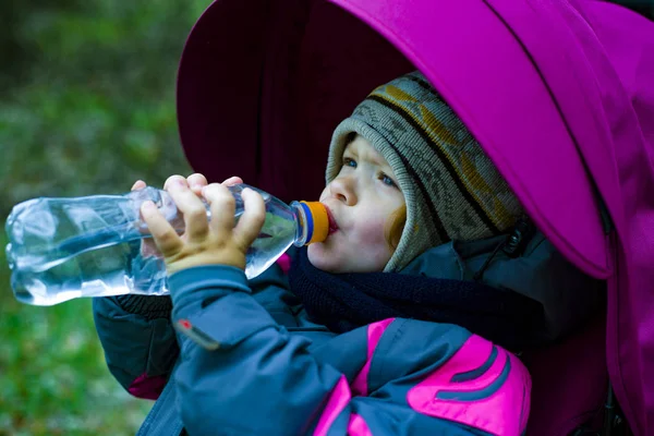 Menina em um carrinho bebe água de uma garrafa — Fotografia de Stock