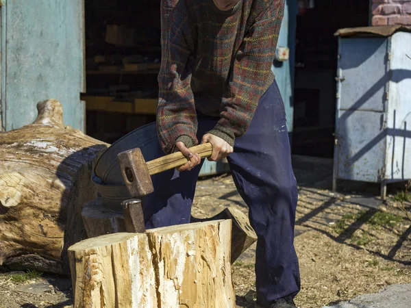 Парень в деревне рубит дубовые пни клином и кувалдой, собирает дрова — стоковое фото