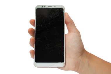 beyaz arka planda erkek elinde beyaz kırık telefon. hırpalanmış, ekran sensörü izole