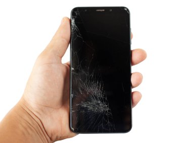 beyaz arka plan kırık dokunmatik ekran yalıtma elinde siyah kırık telefon 