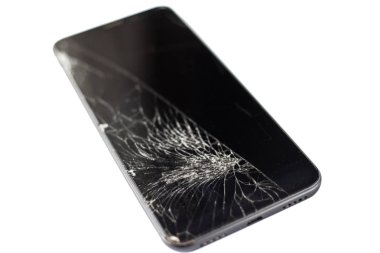 kırık bir sensör ve ekran ile siyah telefon, beyaz arka plan isloate üzerinde kırık dokunmatik cam