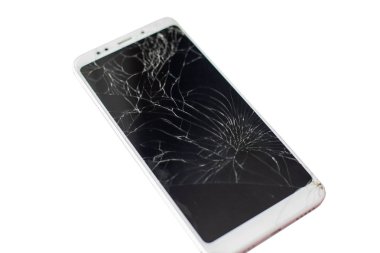kırık bir sensör ve ekran ile beyaz telefon, beyaz bir arka plan üzerinde kırık dokunmatik cam izole 