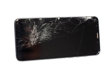 kırık bir sensör ve ekran ile siyah telefon, beyaz arka plan isloate üzerinde kırık dokunmatik cam