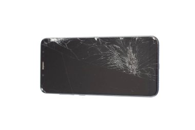 kırık bir sensör ve ekran ile siyah telefon, beyaz arka plan isloate üzerinde kırık dokunmatik cam