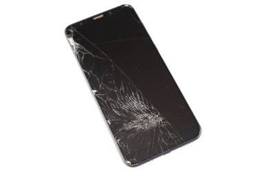 kırık bir sensör ve ekran ile siyah telefon, beyaz arka plan isloate üzerinde kırık dokunmatik cam