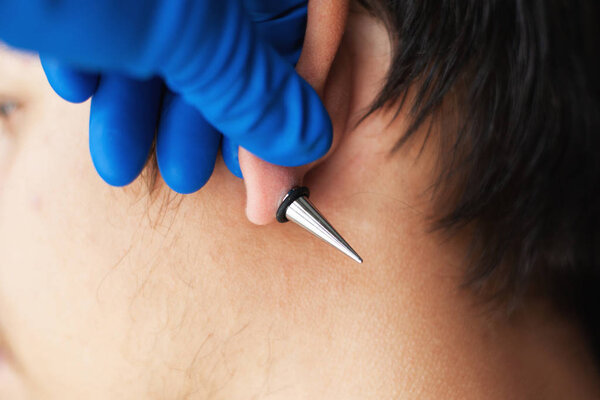 stretching ears for larger diameter tunnels,piercer hand inserts the piercing in the ear