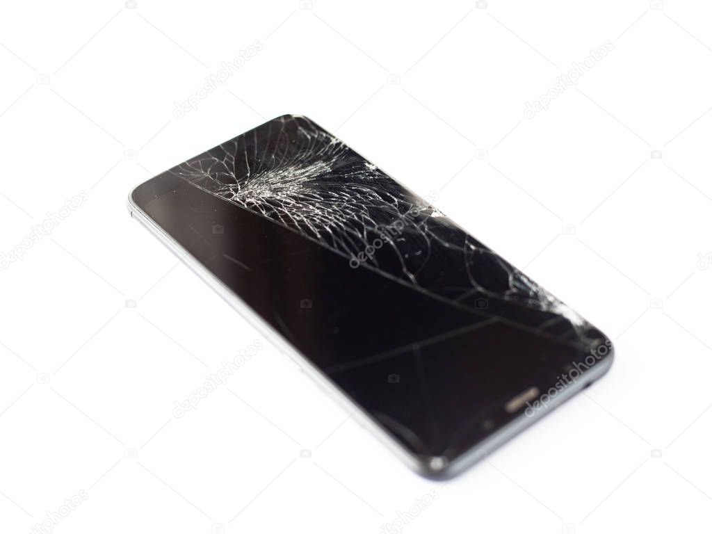 black phone with a broken sensor and screen, cracked touchscreen glass on a white background isloate