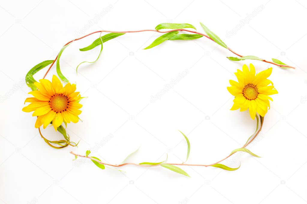 Sunflower Desktop Mockups,Summer beauty frame of twigs and flowers on a white background