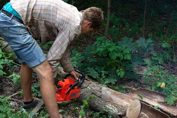 Un trabajador está limpiando un bosque denso, corta árboles talados con una motosierra — Foto de Stock