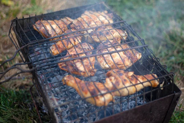 Barbacoa frito muslos de pollo con humo —  Fotos de Stock