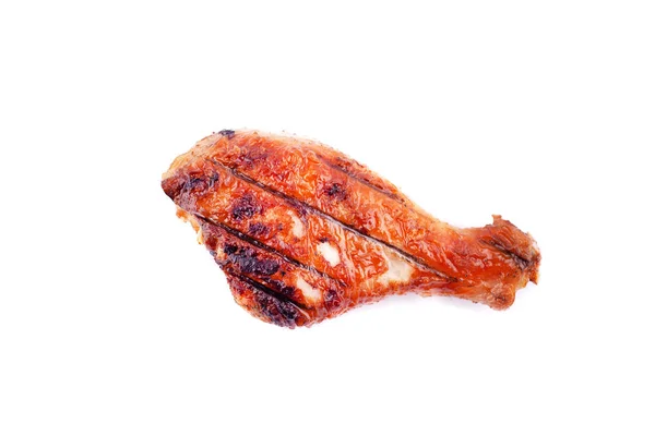 Verkohlte Hähnchenkeule isoliert, gegrilltes Geflügel auf weißem Hintergrund — Stockfoto