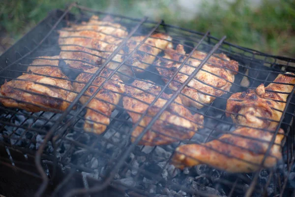 Proceso de cocción de pollo al carbón, carne a la parrilla con humo al aire libre picnic —  Fotos de Stock