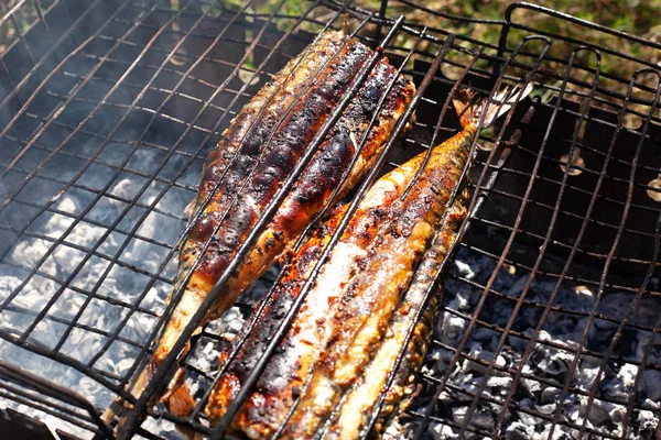 Poisson grillé au charbon de bois, le processus de préparation du maquereau frit à l'air frais — Photo