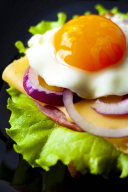 taze salata, sosis, peynir, soğan ve kızarmış yumurta ile tost, sağlıklı gıda closeup