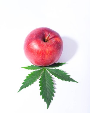 Beyaz arka planda organik ve saf doğa ürünlerinin sembolü olarak yeşil kenevir yaprağı ve kırmızı elma. Elma aromalı marihuana.