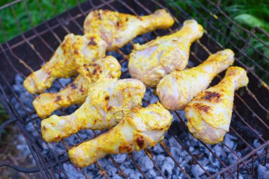 Kızarmış tavuk budu ızgara, piknik, kazıkta et 