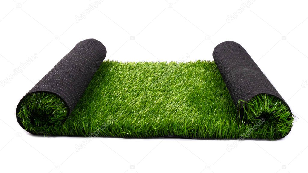 artificial turf roll, lawn, coating, green artificial grass isolated on white background