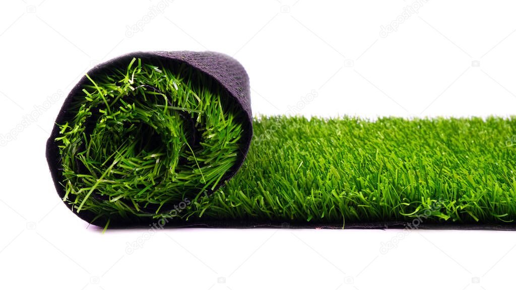 artificial turf, green grass, roll coverings for sports fields, lawn isolated on white background