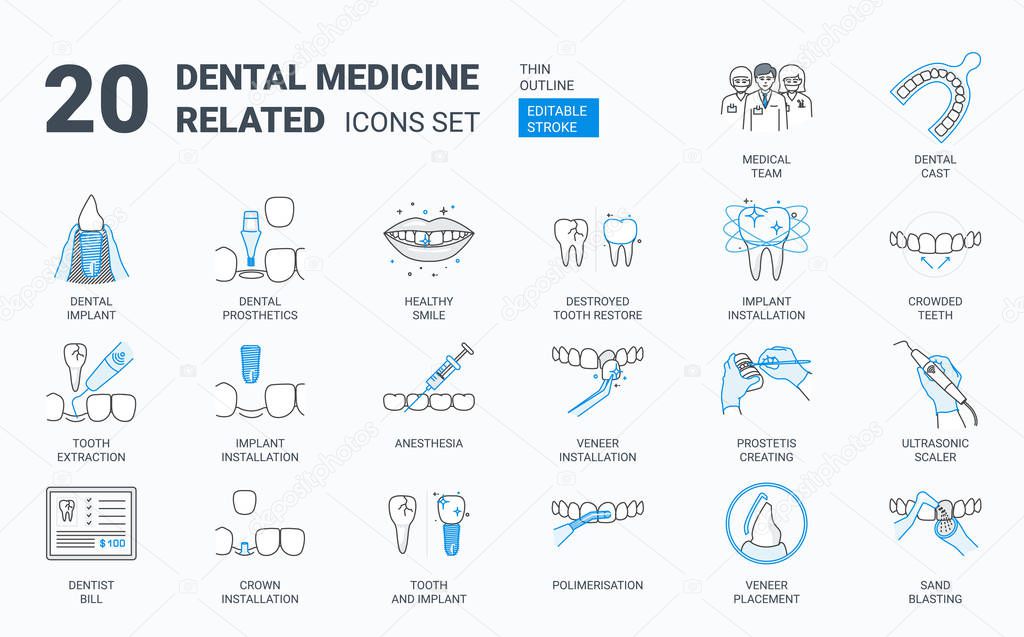 Dental icons set. Contains dental implant, dentists team, veneers, and other elements. Isolated vector illustration dental icons. Vector illustration
