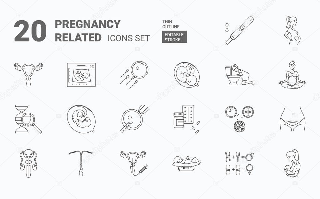 Pregnancy icons set. Pregnancy and birth related set of icons in thin outline style with editable stroke. Contains such icons as pregnant, fetus, reproductive system, DNA test, yoga for pregnant etc.