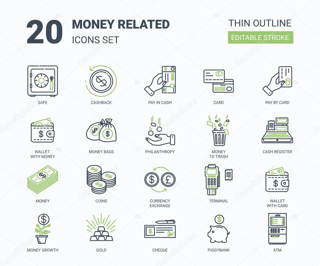 Cash icon set. Vector set contains such icons as money bag, coins, atm, credit card, piggy bank, cheque, money exchange and coin.