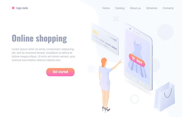 Concept Achat Ligne Illustration Fille Faisant Shopping Utilisant Smartphone Modèle — Image vectorielle