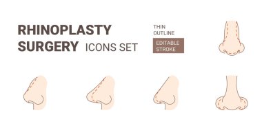 Rhinoplasy plastic surgery icons set with editable stroke clipart