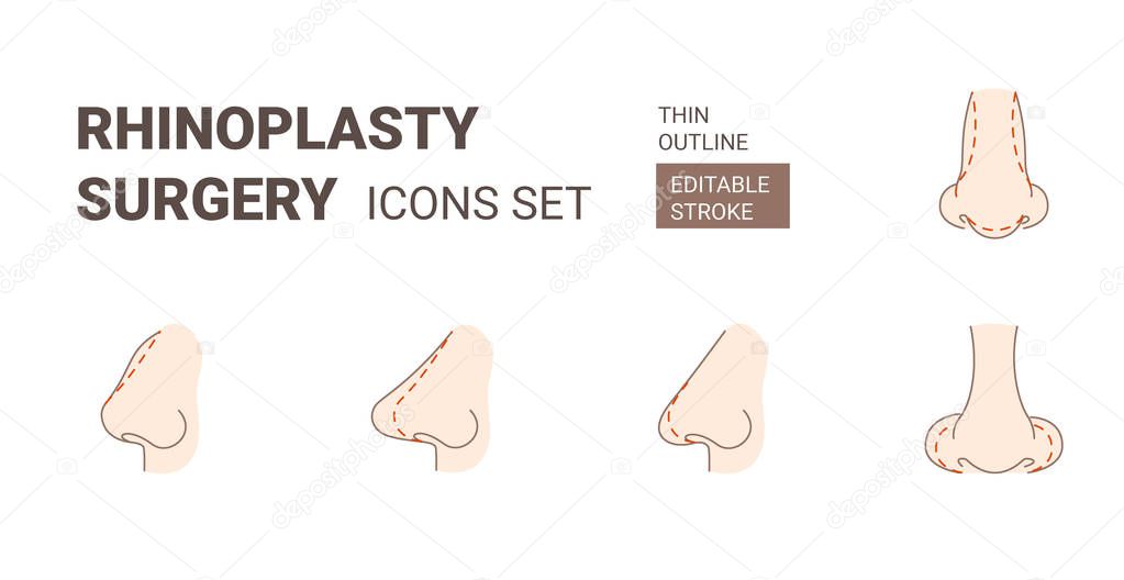 Rhinoplasy plastic surgery icons set with editable stroke
