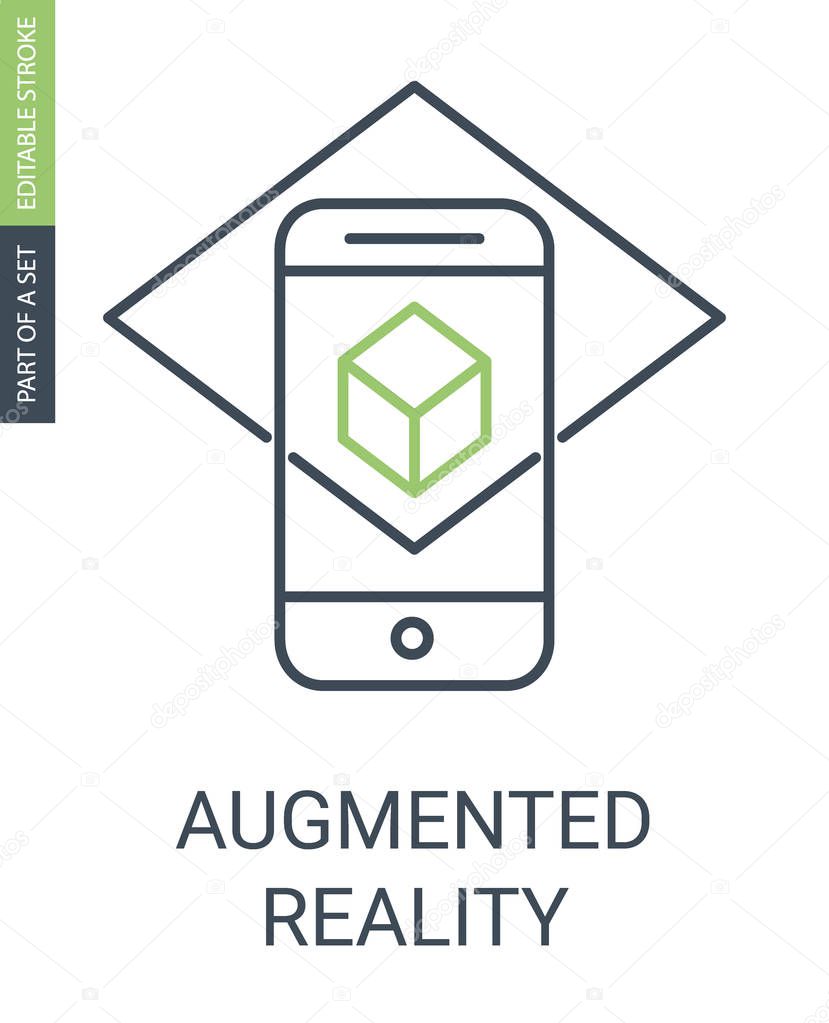 Augmented Reality Outline Icon with Phone and Virtual Box. Vector isolated outline drawing. Editable stroke