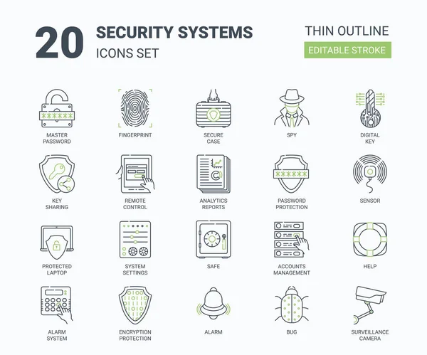 Conjunto de iconos de sistemas de seguridad con estilo lineal — Archivo Imágenes Vectoriales